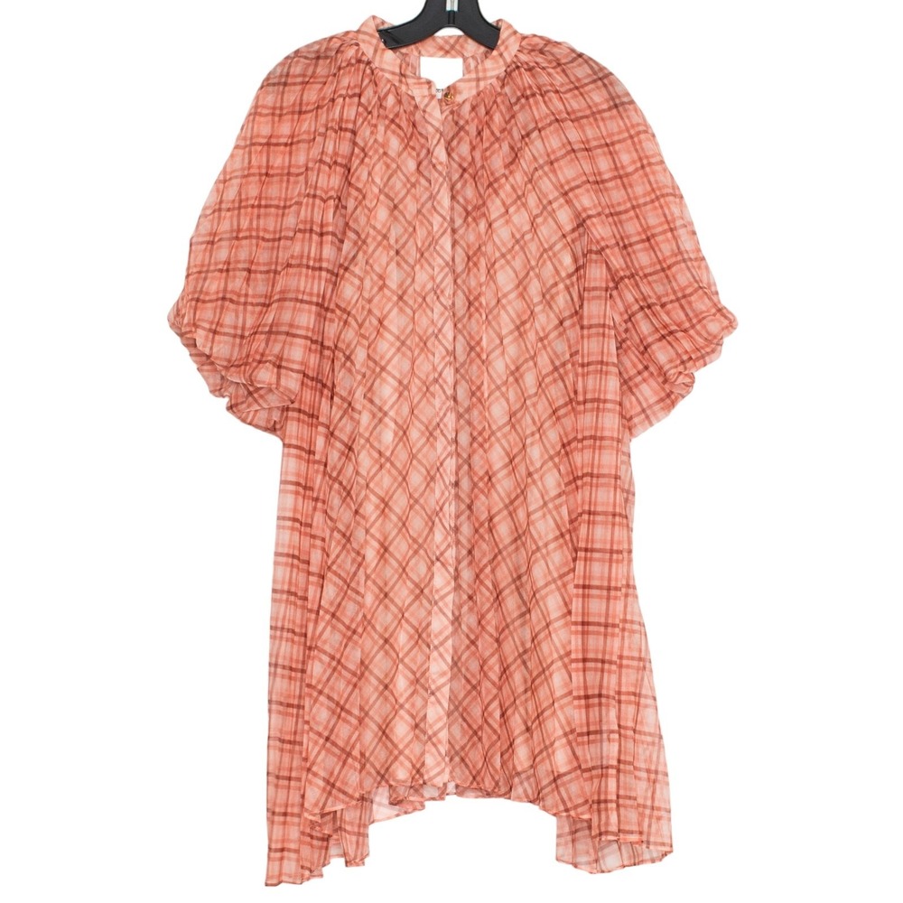 Acler Preston Dress Peach Plaid Puff Sleeve Mini‎ Lined Sheer Size 8 NWT $395